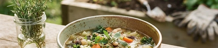 A rustic wooden bowl filled with colorful vegetable soup sits on a kitchen table next to a bundle of freshly harvested carrots and kale.