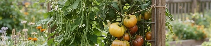 A sturdy metal cattle-panel trellis arched over a garden bed with lush green bean vines and ripening tomatoes hanging down.