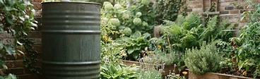 A close-up view of a rain barrel diverter installed on a white house downspout leading into a green collection barrel in a backyard garden.