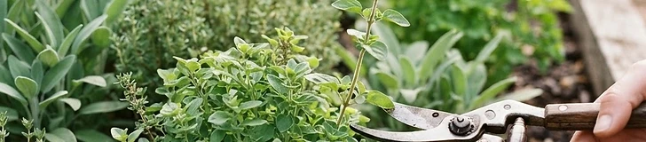 A close-up of a pair of stainless steel garden shears poised to snip the tip of a lush, vibrant green basil plant in a sunny backyard garden.