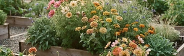 A close-up view of a gardener's hands planting small flower seedlings into dark, tilled soil in a backyard raised garden bed.