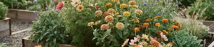 A close-up view of a gardener's hands planting small flower seedlings into dark, tilled soil in a backyard raised garden bed.