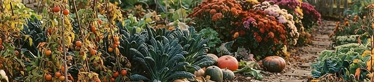An autumn vegetable garden with pumpkins, late tomatoes, kale and chrysanthemums in warm late afternoon light.