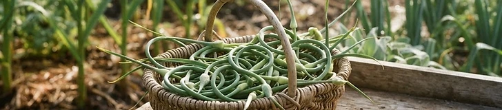 A pair of sharp bypass pruners cutting a curly, green garlic scape from a healthy garlic plant in a backyard garden bed.