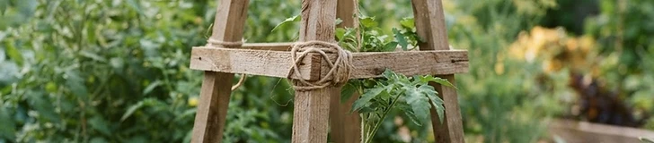 A close-up of a gardener tying a young tomato vine to a sturdy wooden garden stake using a strip of fabric in a sunny backyard.
