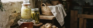 A rustic wooden basket filled with freshly harvested onions, carrots, and winter squash sitting on a wooden table in a sunny garden shed.