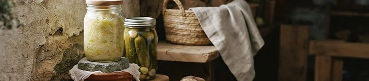 A rustic wooden basket filled with freshly harvested onions, carrots, and winter squash sitting on a wooden table in a sunny garden shed.
