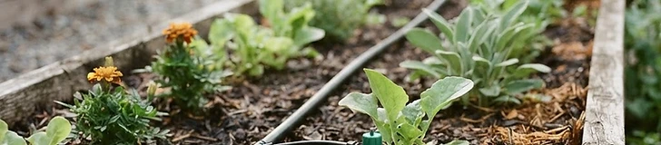 Close-up of a drip irrigation emitter placed at the base of a tomato plant in a wooden raised garden bed.