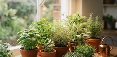 A close-up view of small terracotta pots containing various green herbs like basil and cilantro sitting on a sunny kitchen windowsill.