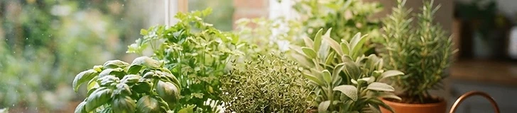 A close-up view of small terracotta pots containing various green herbs like basil and cilantro sitting on a sunny kitchen windowsill.