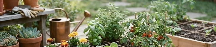 A collection of fabric grow bags and wooden crates arranged on a sunny wooden deck, each containing a different variety of healthy vegetable plants.