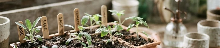 A close-up of a gardener's hands carefully tucking a small seedling into a biodegradable fiber pot on a wooden potting bench.