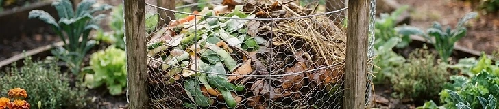 A close-up view of a gardener's hands placing kitchen scraps into a wire-mesh compost basket centered in a stone-walled raised keyhole garden bed.