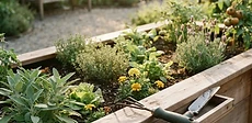 An older gardener using a long-handled weeding tool while sitting comfortably on a rolling garden stool next to a tall raised garden bed.