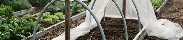 A backyard garden bed covered with a clear plastic hoop house structure held up by white PVC pipes.