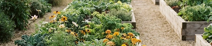 A symmetrical home vegetable garden featuring four raised wooden beds with crisp gravel paths in between and a central wooden trellis.