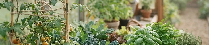 A bright, organized home greenhouse filled with green tomato plants in pots and wooden shelves holding trays of fresh lettuce seedlings.