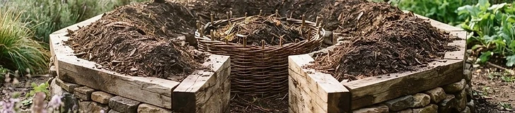 A circular raised garden bed made of stacked fieldstones with a wire mesh compost basket in the center and lush vegetable plants growing around it.
