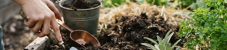 A gardener using a hand rake to mix fresh dark compost into the soil of a wooden raised garden bed on a sunny day.