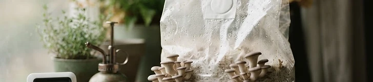 A close-up of a countertop mushroom grow kit with white oyster mushrooms sprouting from the perforated side of a cardboard box.