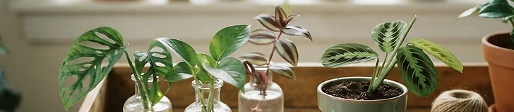 A close-up of a pair of stainless steel pruning shears cutting a healthy pothos vine near a leaf node above a glass of water.