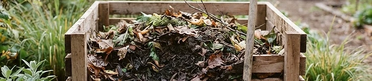 A backyard garden scene showing a plastic compost bin sitting on top of soil with a metal pitchfork leaning against it.