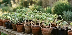 A tray of small green vegetable seedlings sitting on a wooden deck outdoors, partially shaded by a light garden cloth.