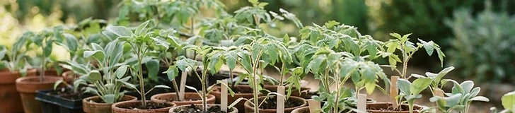 A tray of small green vegetable seedlings sitting on a wooden deck outdoors, partially shaded by a light garden cloth.