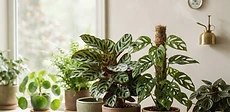 A close-up of a small digital hygrometer sitting on a wooden plant stand next to a lush green pothos plant in a brightly lit living room.