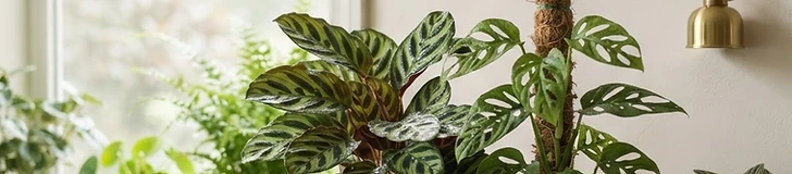 A close-up of a small digital hygrometer sitting on a wooden plant stand next to a lush green pothos plant in a brightly lit living room.