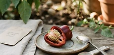 Close-up of a gardener carefully removing seeds from a ripe, bright red bell pepper over a wooden table.