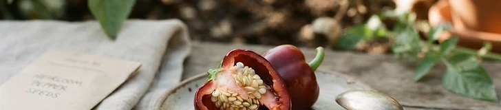 Close-up of a gardener carefully removing seeds from a ripe, bright red bell pepper over a wooden table.