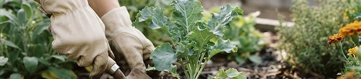 A close-up of a gardener's gloved hands holding a small scoop of dark, rich garden soil next to a pH testing kit on a wooden potting bench.
