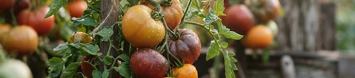 A close-up of green and ripening red tomatoes growing on a vine with a white frost blanket draped over them in an autumn garden.