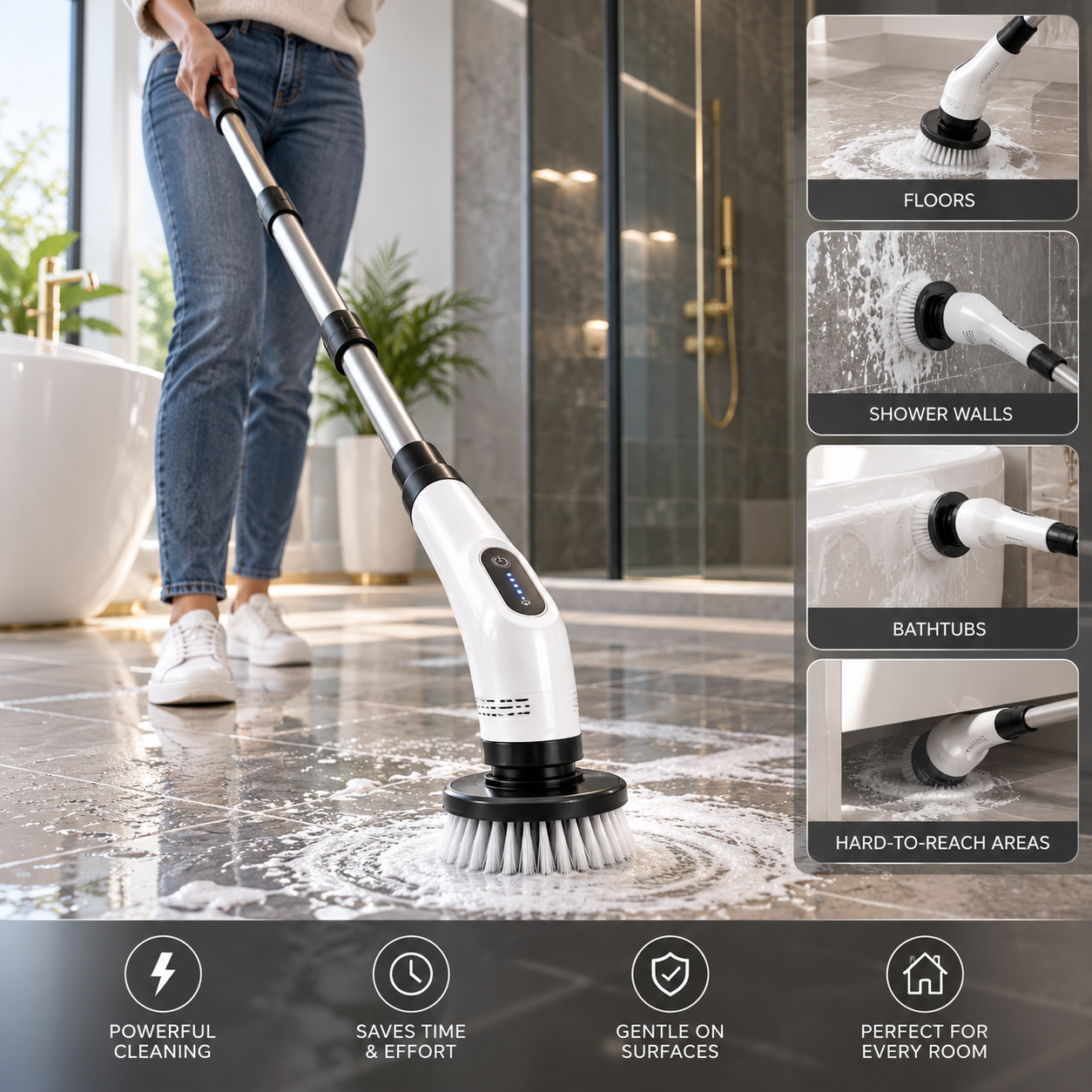 Powerful cleaning across floors, shower walls, bathtubs, and hard-to-reach areas