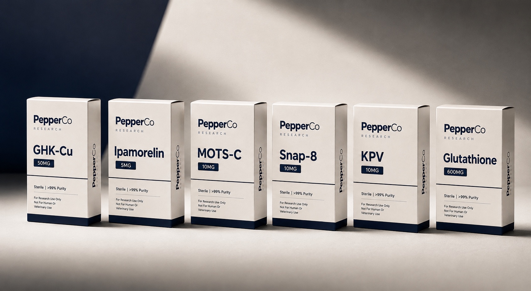 PepperCo Research branded product packaging — GHK-Cu, Ipamorelin, MOTS-C, Snap-8, KPV, and Glutathione for laboratory research use