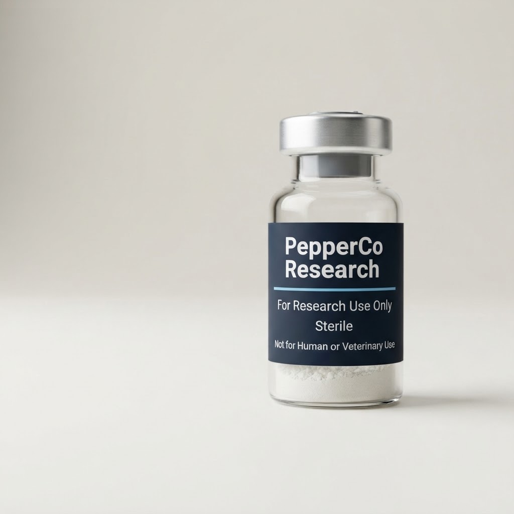 Single PepperCo Research branded sterile vial close-up with navy label reading For Research Use Only, Sterile, Not for Human or Veterinary Use