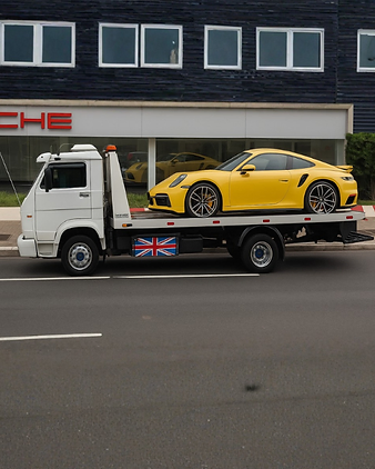 Veículo esportivo amarelo sendo transportado em plataforma de guincho.