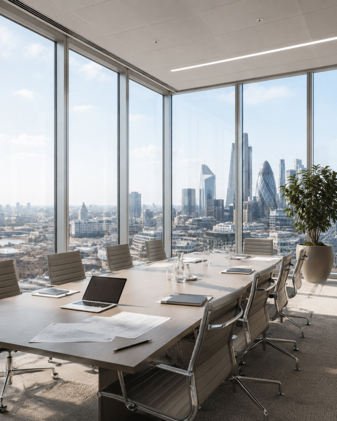 Empty glass-walled boardroom overlooking a city skyline at dusk