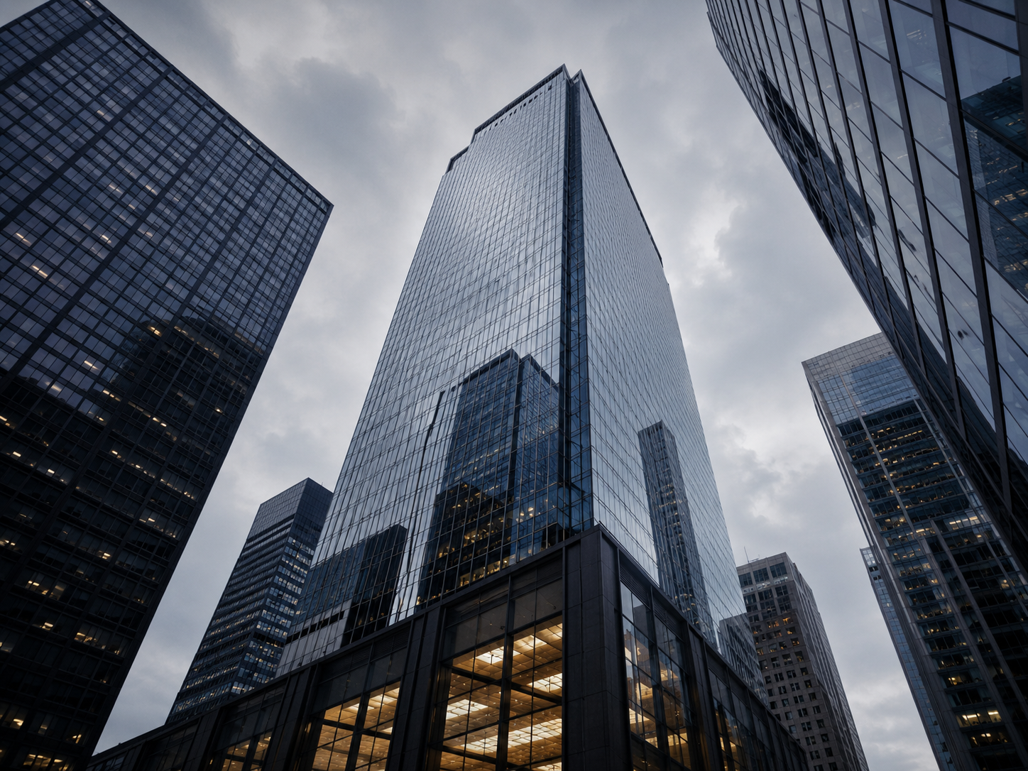 Upward view of glass skyscrapers under an overcast sky