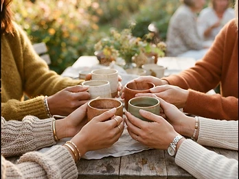 Diverse women's hands holding warm ceramic mugs together