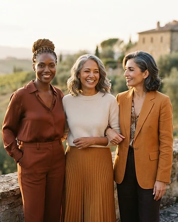 Three women from different backgrounds standing together in warm golden-hour light