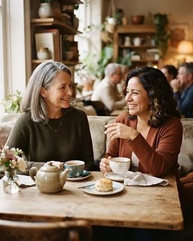 Two women in their fifties in warm conversation over tea in softly lit room