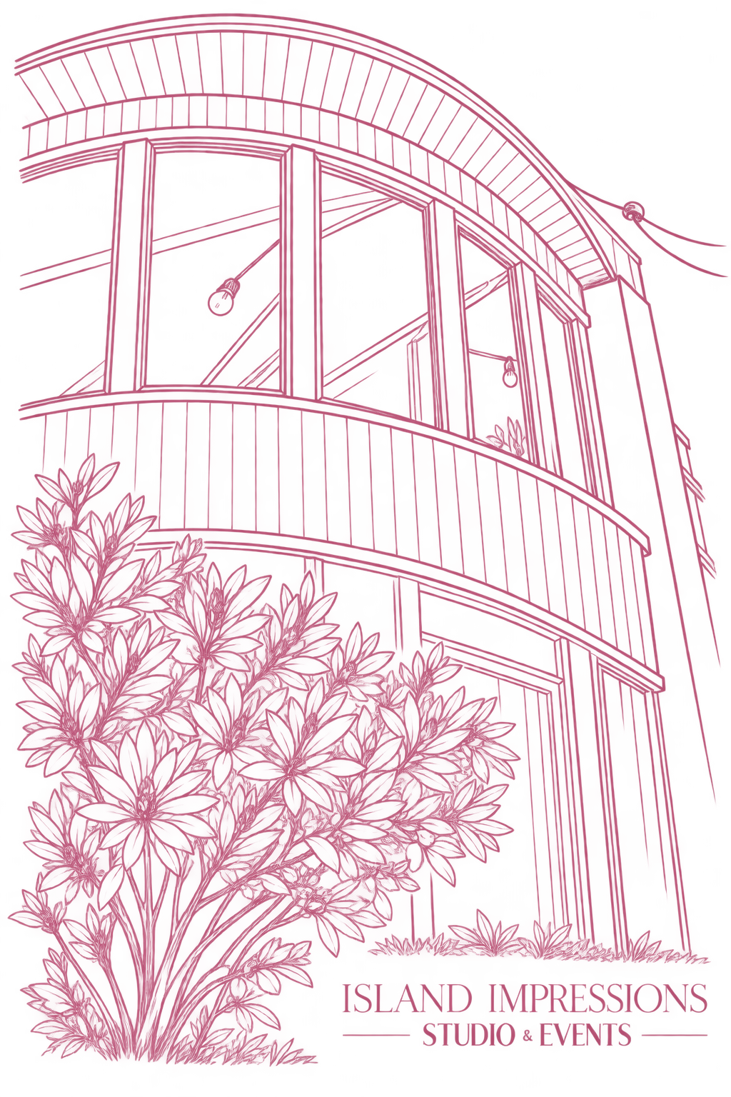 Line drawing of the Island Impressions studio building in Campbell River