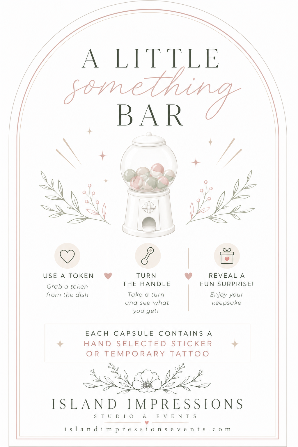 A Little Something Bar — illustrated gumball machine favour experience with token, turn and surprise keepsake