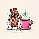 Bacon mascot wearing sunglasses beside a pink coffee cup