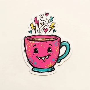 Happy pink coffee cup mascot with heart-shaped steam