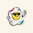 Fried egg mascot wearing sunglasses and flashing a peace sign