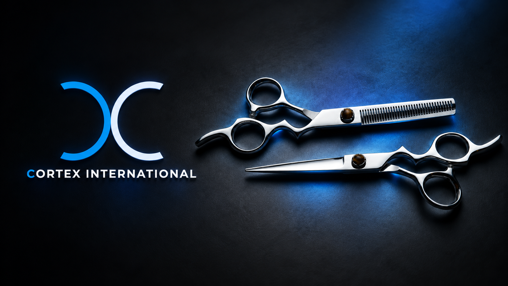 Cortex International logo beside a pair of professional barber scissors — precision at the core of it