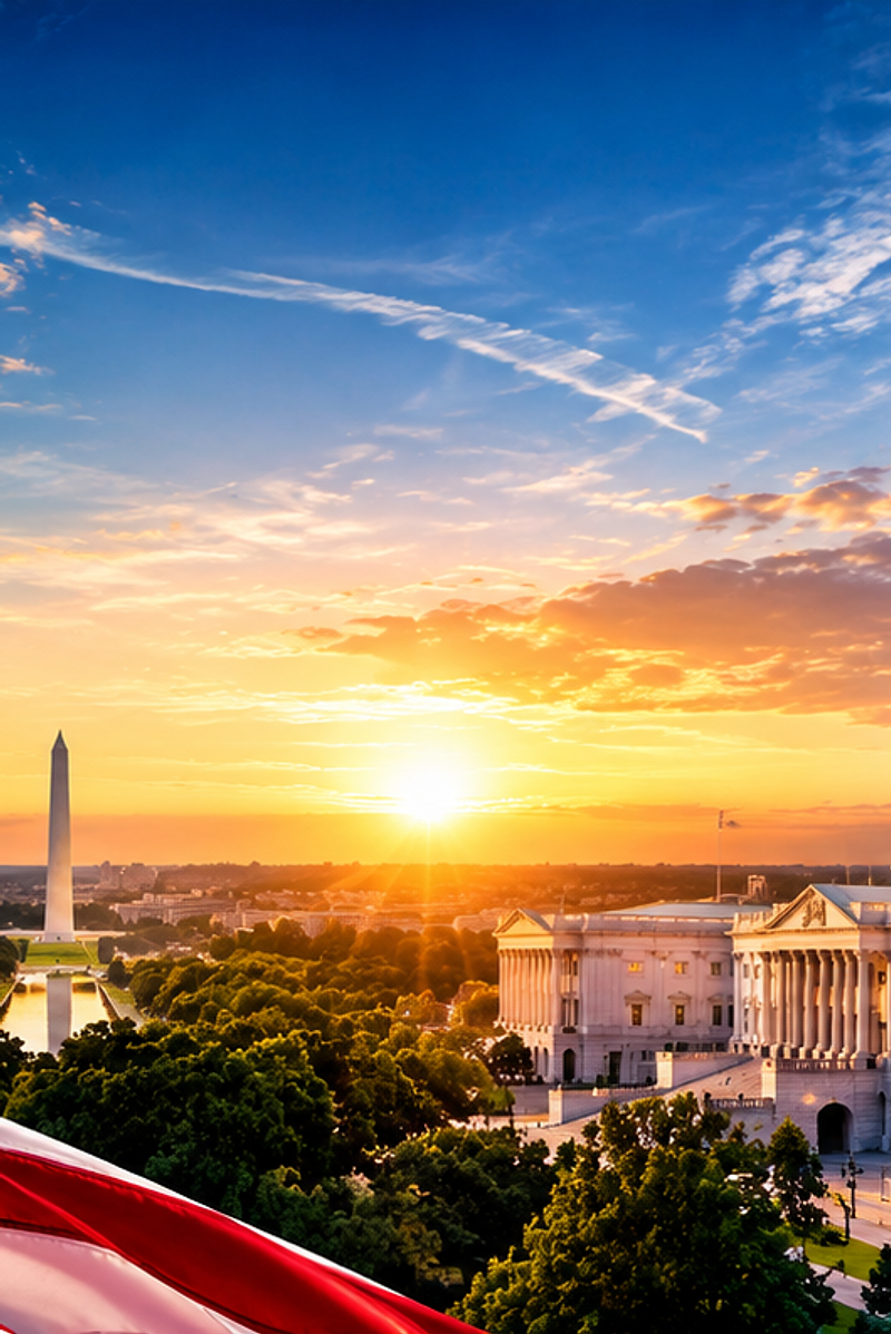 United States Capitol at golden hour with the American flag in the foreground